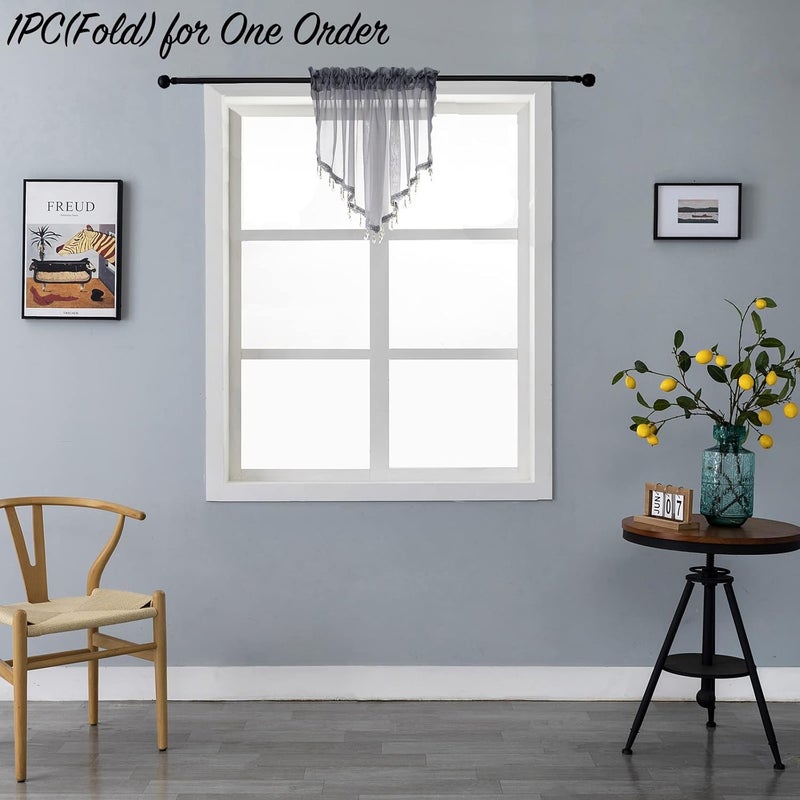 PearAge Beaded Sheer Valance Curtains for Living Room,Rod Pocket Farmhouse Window Valance, Bead Trim Tassel Voile Sheer Curtain Valance for Bedroom Bathroom Cafe 51x24 Inches (Grey) 1PC - Image 2